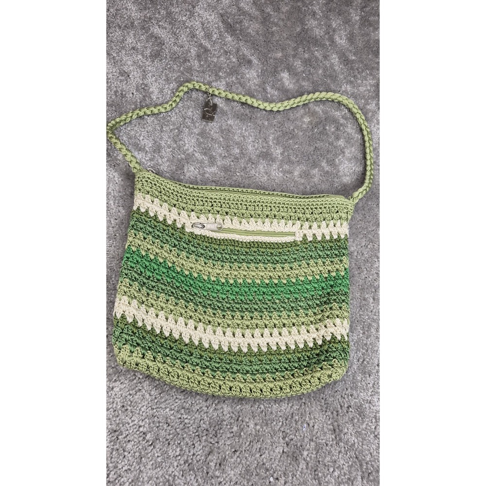 Lina Green White Crochet Handbag Purse Shoulder‎ Bag with Handle Pockets